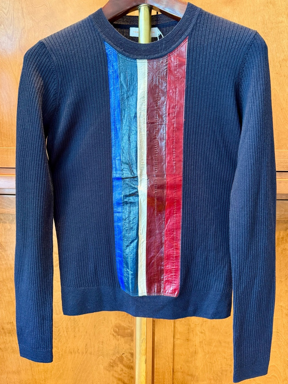 TORY BURCH RETRO-MOD JACINTHE SWEATER NAVY MIRINO WOOL EEL LEATHER STRIPES